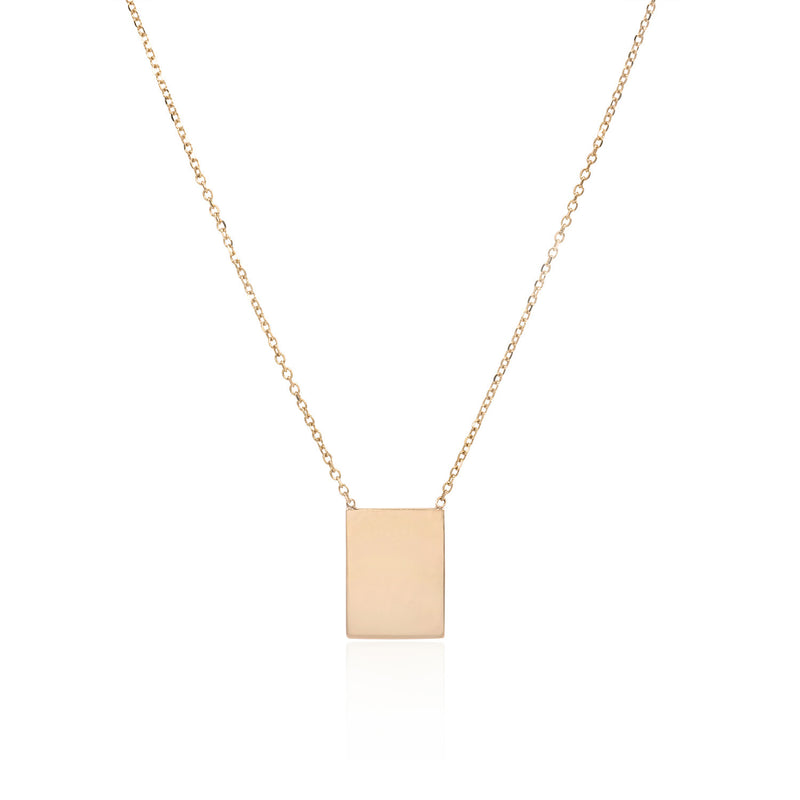 Vale Jewelry Rectangle Plate Necklace on Diamond Cut Cable Chain in 14 Karat Rose Gold Close Up