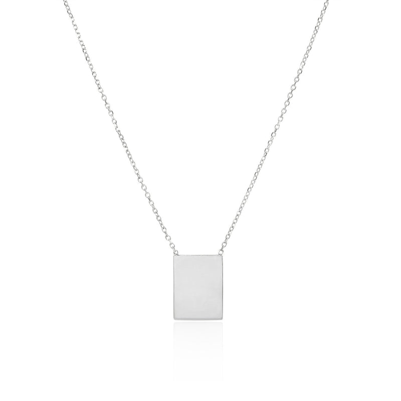 Vale Jewelry Rectangle Plate Necklace on Diamond Cut Cable Chain in 14 Karat White Gold Close Up