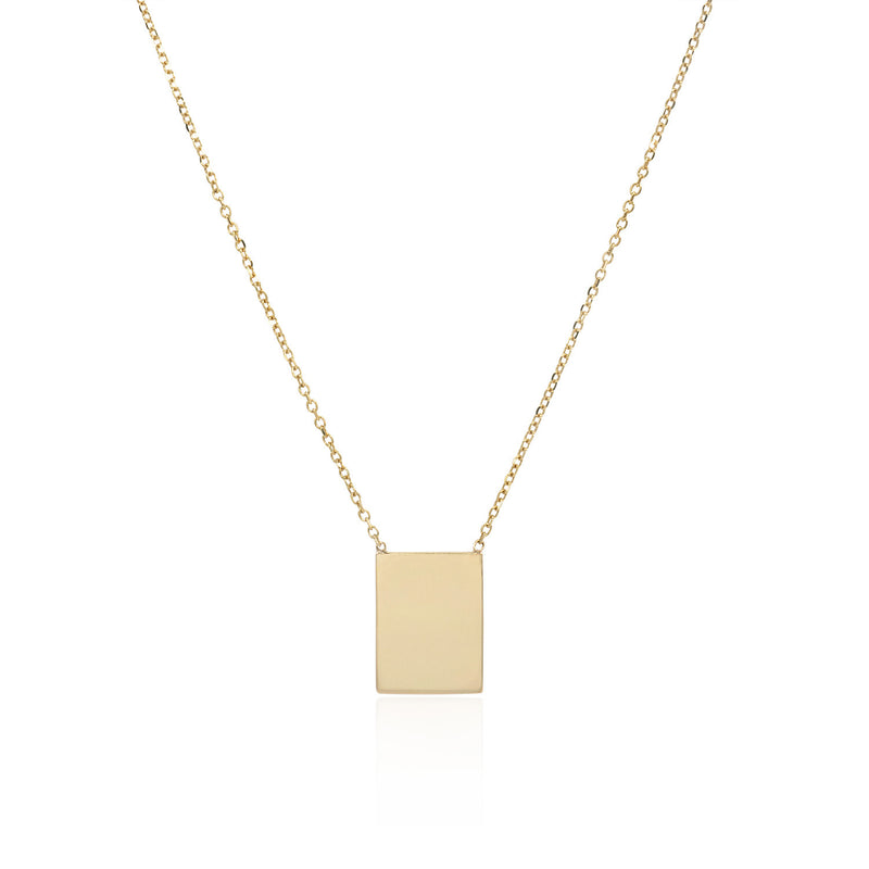 Vale Jewelry Rectangle Plate Necklace on Diamond Cut Cable Chain in 14 Karat Yellow Gold Close Up
