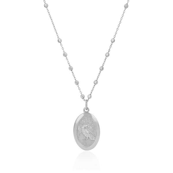 Vale Jewelry Saint Phoenix Medallion Necklace on Rosary Chain in 14 Karat White Gold Close Up