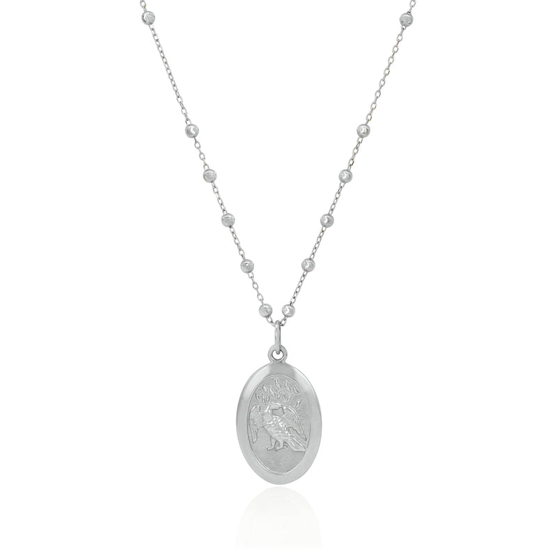 Vale Jewelry Saint Phoenix Medallion Necklace on Rosary Chain in 14 Karat White Gold Close Up