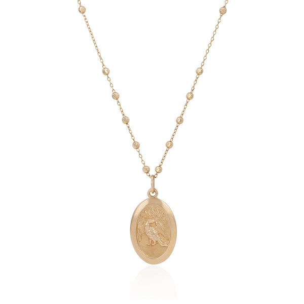 Vale Jewelry Saint Phoenix Medallion Necklace on Rosary Chain in 14 Karat Yellow Gold Close Up