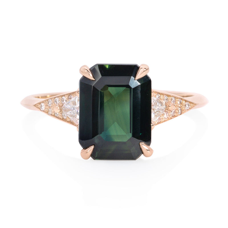 Vale Jewelry Severine Ring with Emerald Cut Green Sapphire and White Diamonds in 14 Karat Rose Gold Front View 