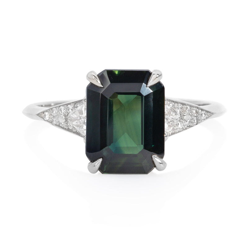 Vale Jewelry Severine Ring with Emerald Cut Green Sapphire and White Diamonds in 14 Karat White Gold Front View 