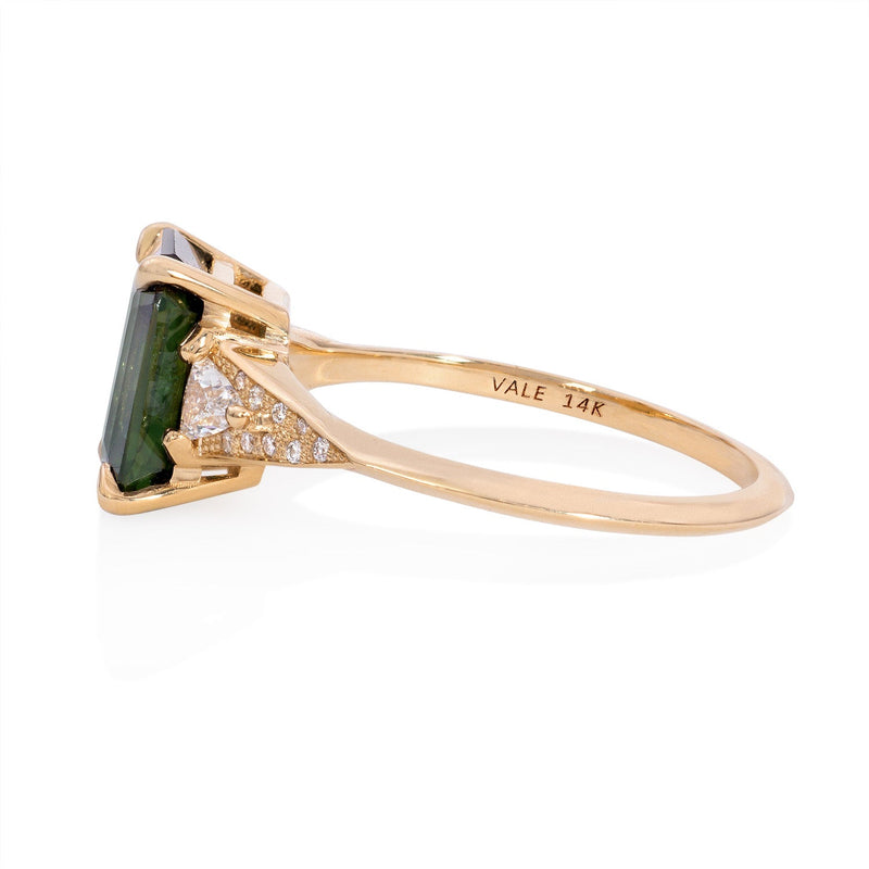 Vale Jewelry Severine Ring with Emerald Cut Green Sapphire and White Diamonds in 14 Karat Yellow Gold Side View 
