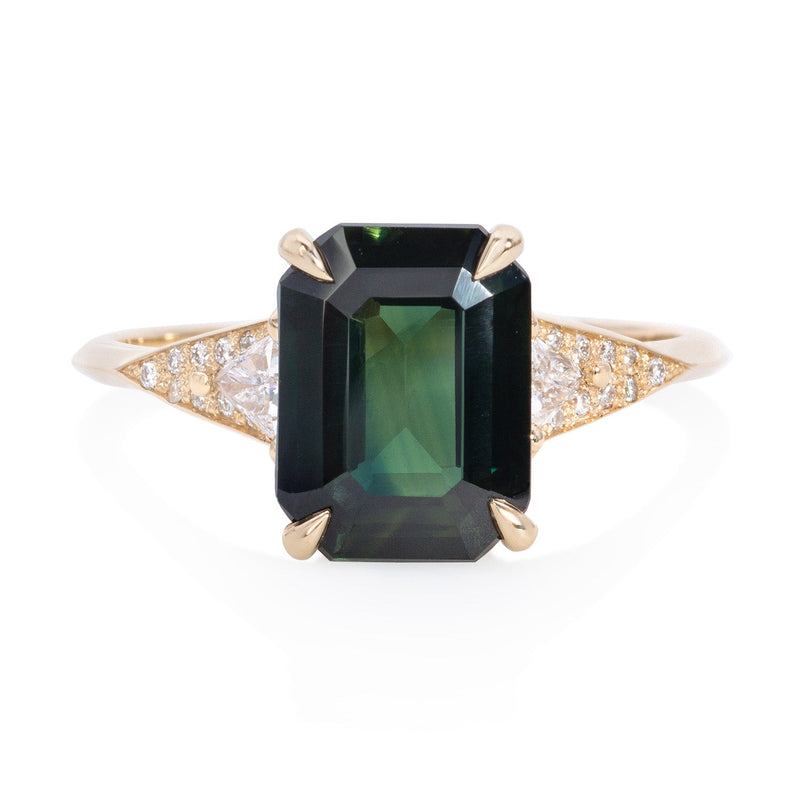 Vale Jewelry Severine Ring with Emerald Cut Green Sapphire and White Diamonds in 14 Karat Yellow Gold Front View 