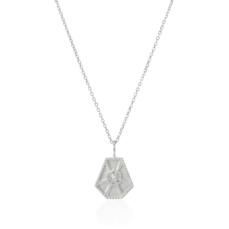 Vale Jewelry Small Arcadia Necklace with White Brilliant Cut Diamond on Diamond Cut Cable Chain in 14 Karat White Gold Close Up 