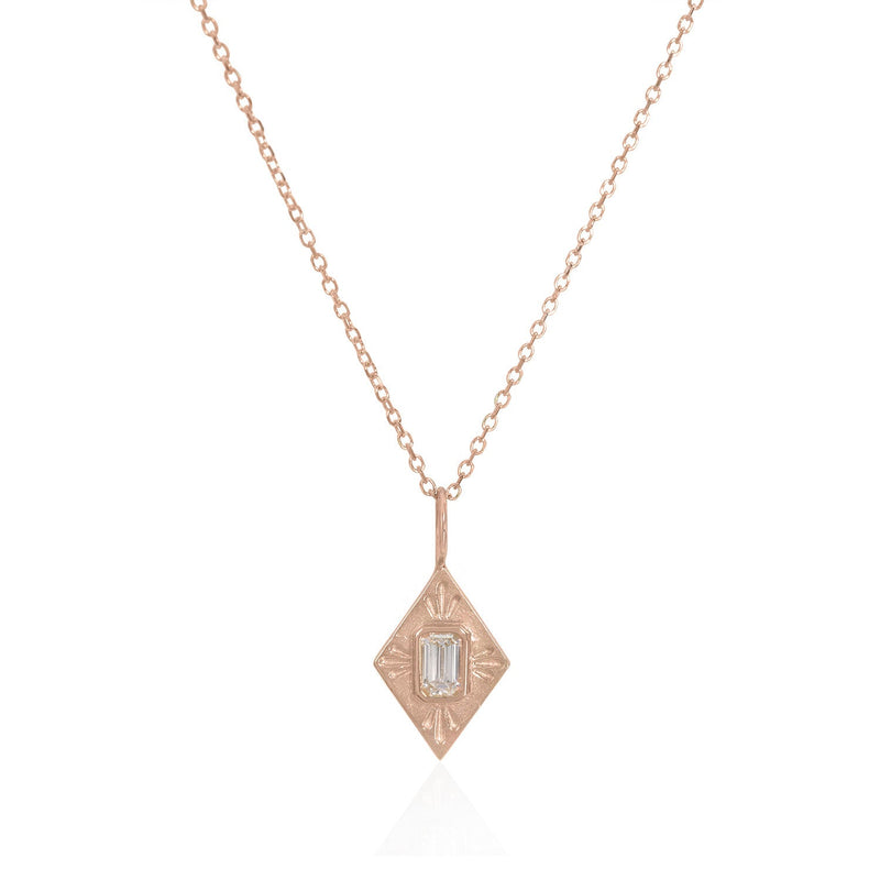 Vale Jewelry Small Fleche Amulet Necklace with White Emerald Cut Diamond on Diamond Cut Cable Chain in 14 Karat Rose Gold Close Up 