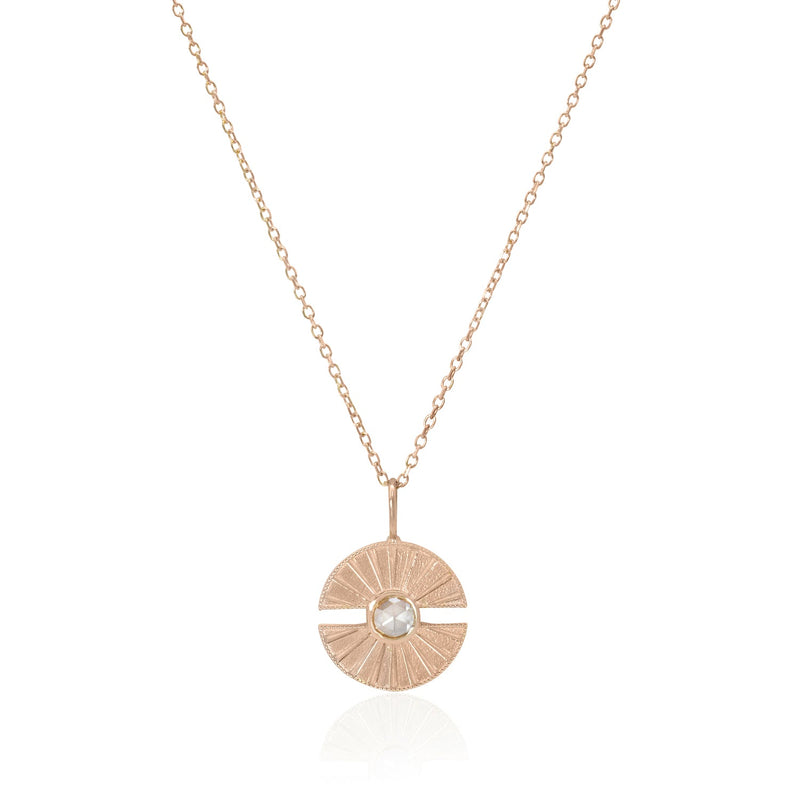 Vale Jewelry Small Luce Amulet Necklace with White Rose Cut Diamond on Diamond Cut Cable Chain in 14 Karat Rose Gold Close Up 