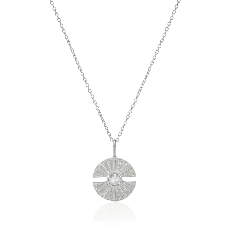 Vale Jewelry Small Luce Amulet Necklace with White Rose Cut Diamond on Diamond Cut Cable Chain in 14 Karat White Gold Close Up 
