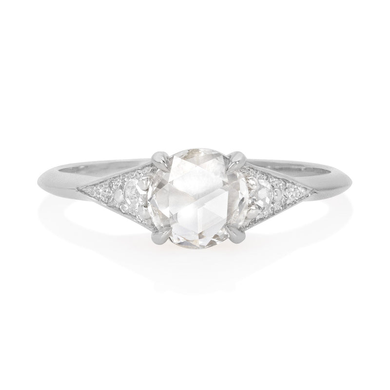 Vale Jewelry Small Sandrine Ring with Round Rose Cut White Diamond in 14 Karat White Gold Front View