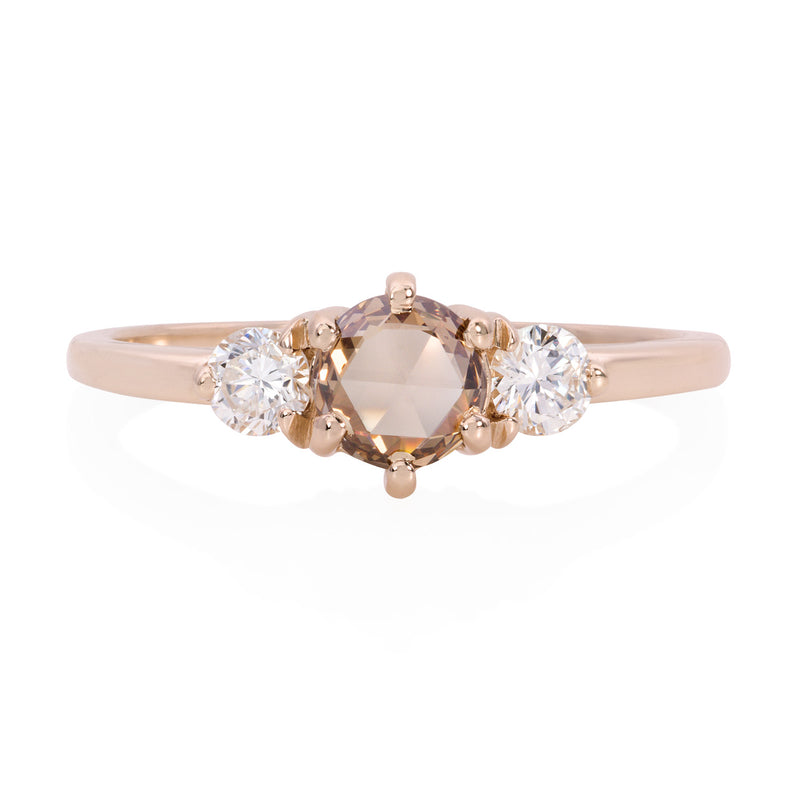 Vale Jewelry Tidals Ring with Champagne Rose Cut Diamond and Round Brilliant Cut White Diamonds in 14 Karat Rose Gold Front View