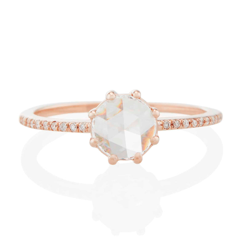 Vale Jewelry Vega Ring with Round Rose Cut White Diamond and Pave White Diamond Accents in 14 Karat Rose Gold Front View