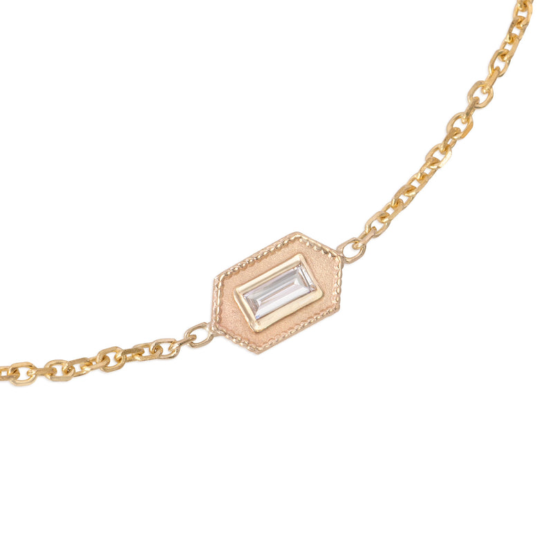 Vale Jewelry Verre Bracelet with Baguette Cut White Diamond on Diamond Cut Cable Chain in 14 Karat Yellow Gold Close Up