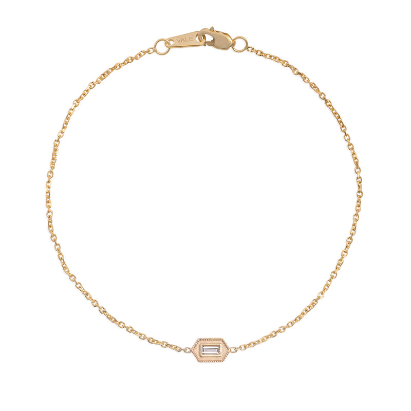 Vale Jewelry Verre Bracelet with Baguette Cut White Diamond on Diamond Cut Cable Chain in 14 Karat Yellow Gold Full Circle