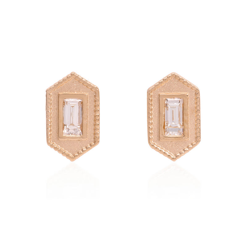 Vale Jewelry Verre Earrings with Baguette Cut White Diamonds in 14 Karat Rose Gold Front View