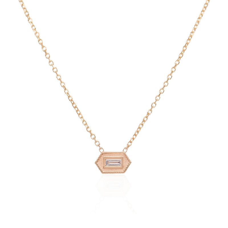Vale Jewelry Verre Necklace with Baguette Cut White Diamond on Diamond Cut Cable Chain in 14 Karat Rose Gold Close Up