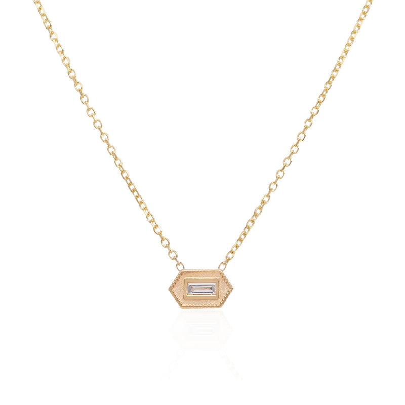 Vale Jewelry Verre Necklace with Baguette Cut White Diamond on Diamond Cut Cable Chain in 14 Karat Yellow Gold Close Up
