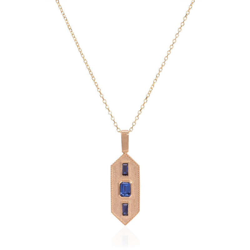Vale Jewelry Verriere Necklace with Baguette and Emerald Cut Blue Sapphires on Diamond Cut Cable Chain in 14 Karat Rose Gold Close Up