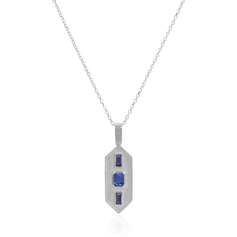 Vale Jewelry Verriere Necklace with Baguette and Emerald Cut Blue Sapphires on Diamond Cut Cable Chain in 14 Karat White Gold Close Up