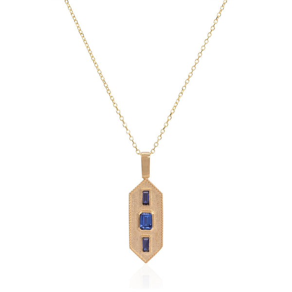 Vale Jewelry Verriere Necklace with Baguette and Emerald Cut Blue Sapphires on Diamond Cut Cable Chain in 14 Karat Yellow Gold Close Up