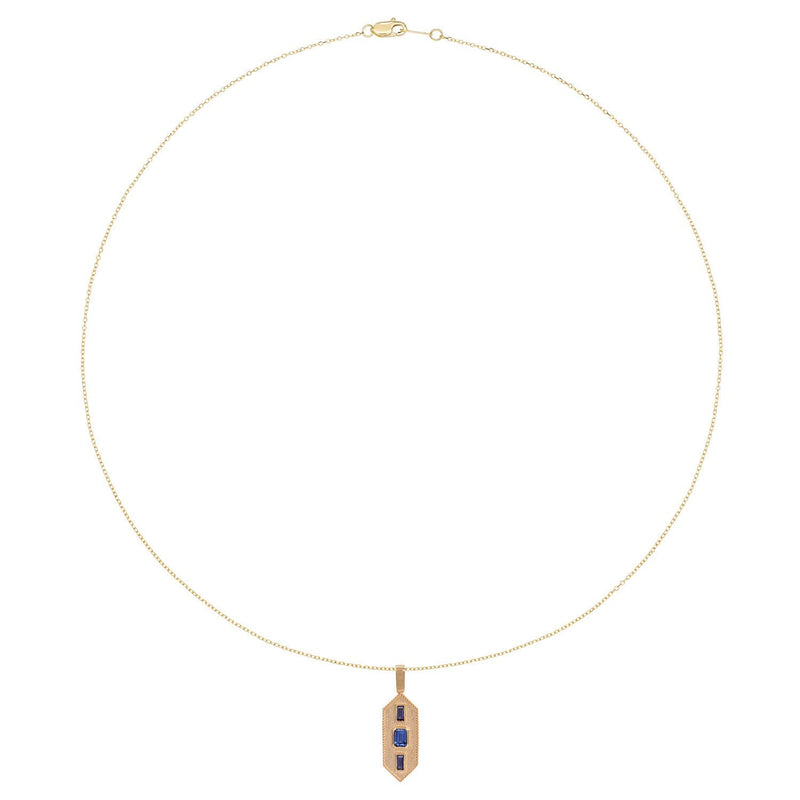 Vale Jewelry Verriere Necklace with Baguette and Emerald Cut Blue Sapphires on Diamond Cut Cable Chain in 14 Karat Yellow Gold Full Circle