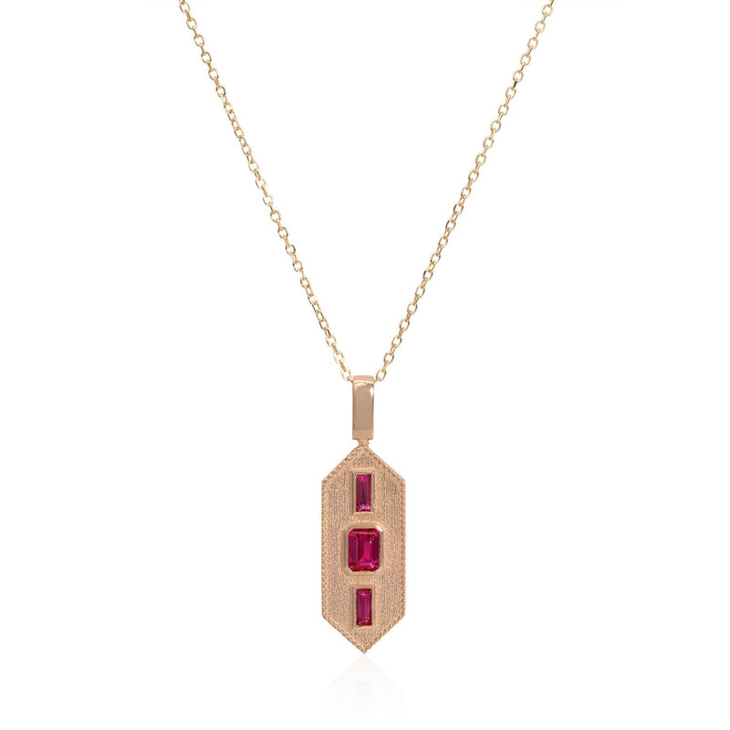 Vale Jewelry Verriere Necklace with Baguette and Emerald Cut Rubies on Diamond Cut Cable Chain in 14 Karat Rose Gold Close Up