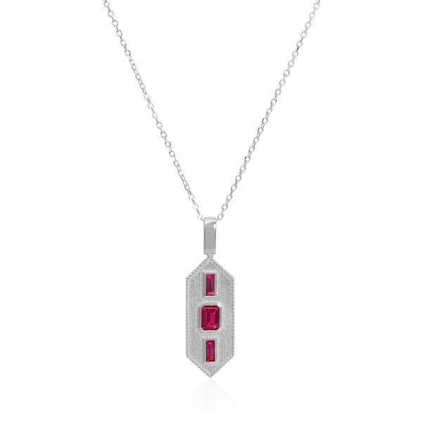 Vale Jewelry Verriere Necklace with Baguette and Emerald Cut Rubies on Diamond Cut Cable Chain in 14 Karat White Gold Close Up