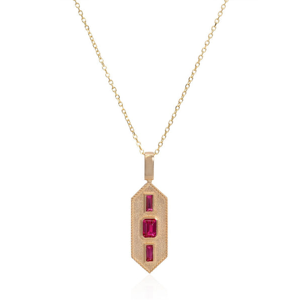 Vale Jewelry Verriere Necklace with Baguette and Emerald Cut Rubies on Diamond Cut Cable Chain in 14 Karat Yellow Gold Close Up