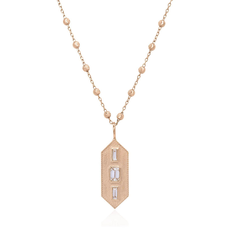 Vale Jewelry Verriere Necklace with Baguette and Emerald Cut White Diamonds on Rosary Chain in 14 Karat Rose Gold Close Up