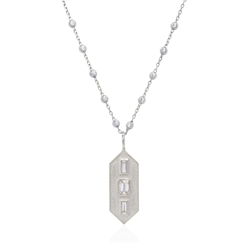 Vale Jewelry Verriere Necklace with Baguette and Emerald Cut White Diamonds on Rosary Chain in 14 Karat White Gold Close Up