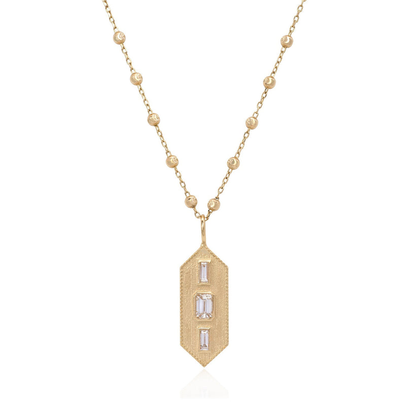 Vale Jewelry Verriere Necklace with Baguette and Emerald Cut White Diamonds on Rosary Chain in 14 Karat Yellow Gold Close Up