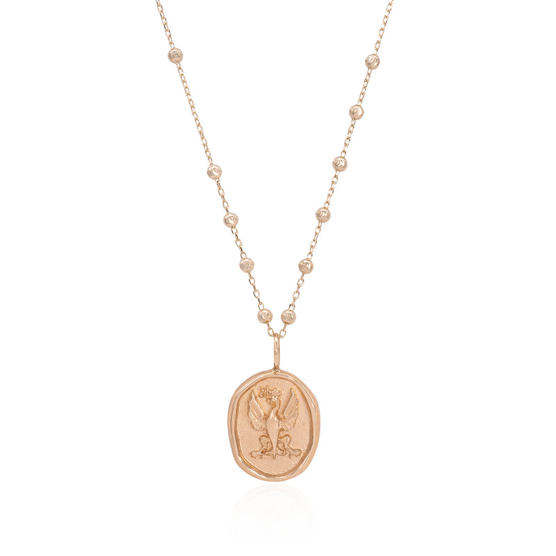 Vale Jewelry Wax Seal Phoenix Amulet Necklace on Rosary Chain in 14 Karat Rose Gold Close Up