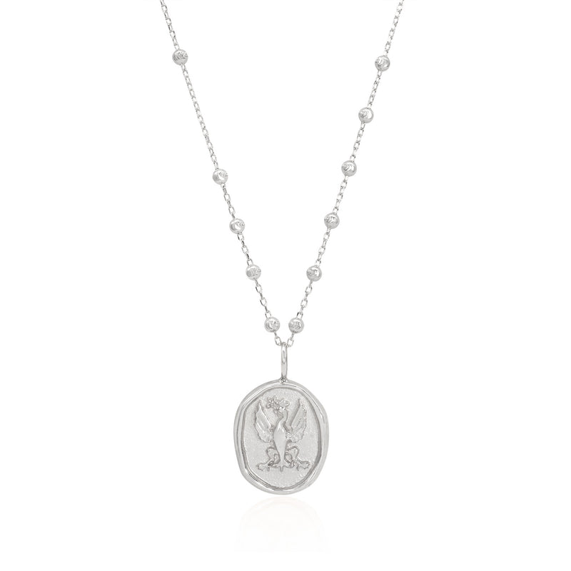 Vale Jewelry Wax Seal Phoenix Amulet Necklace on Rosary Chain in 14 Karat White Gold Close Up