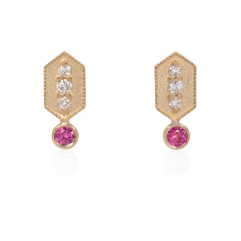 Vale Jewelry Verrine Earrings with Ruby Drop White Diamonds Yellow Gold Front View