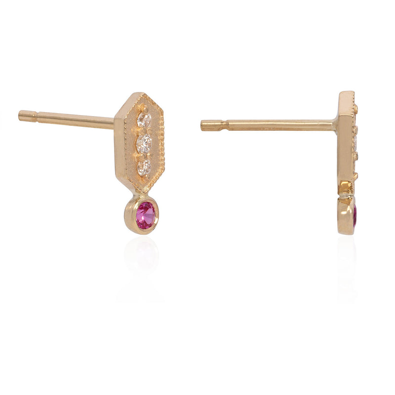 Vale Jewelry Verrine Earrings with Ruby Drop White Diamonds Yellow Gold Side View